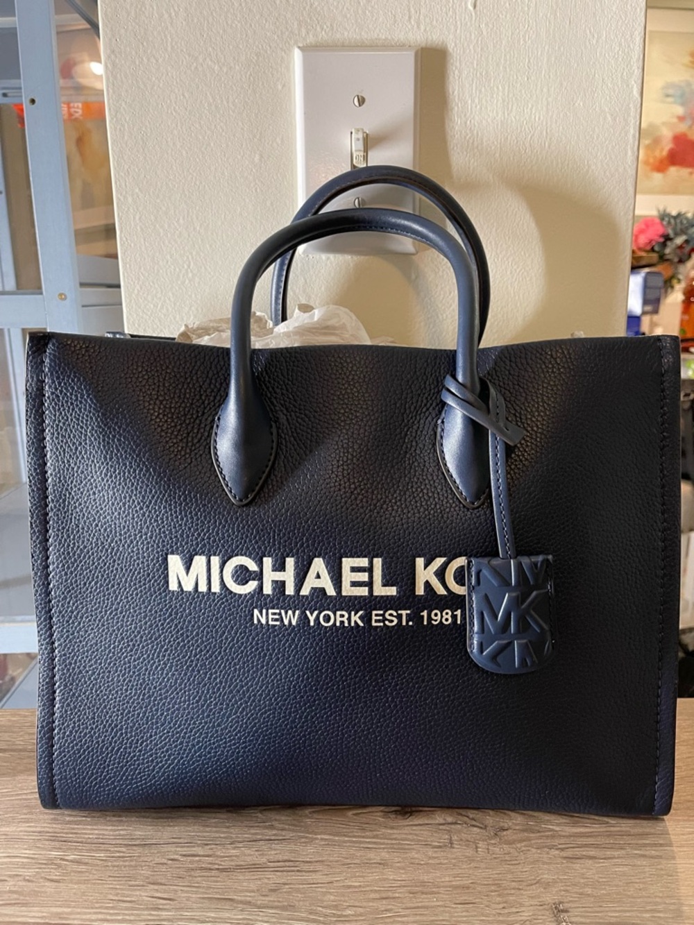 Michael Kors Navy Pebbled Leather Logo Shopper Bag